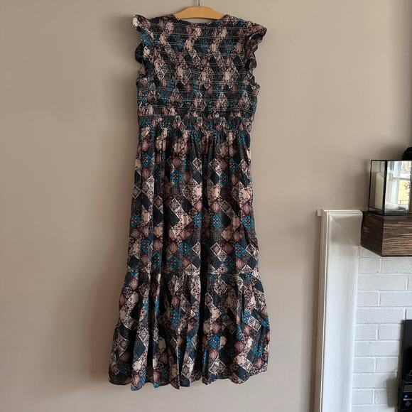 Anthropologie The Peregrine Patchwork Smocked Ruffle Midi Dress Size Large - Picture 3 of 12